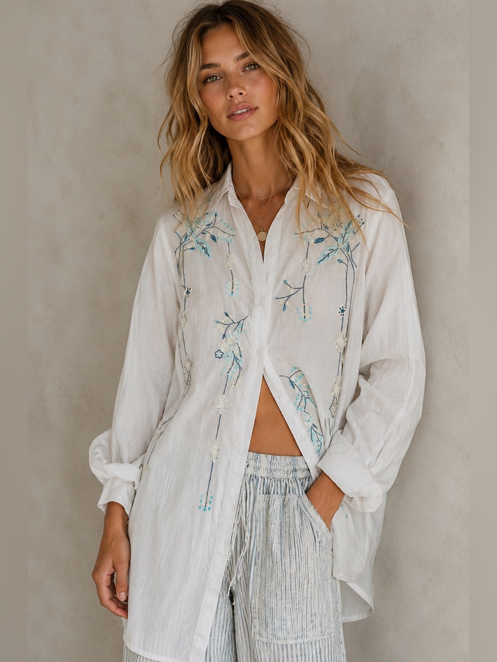 #227 New! Pol Embroidered White Cotton Button-Down Tunic